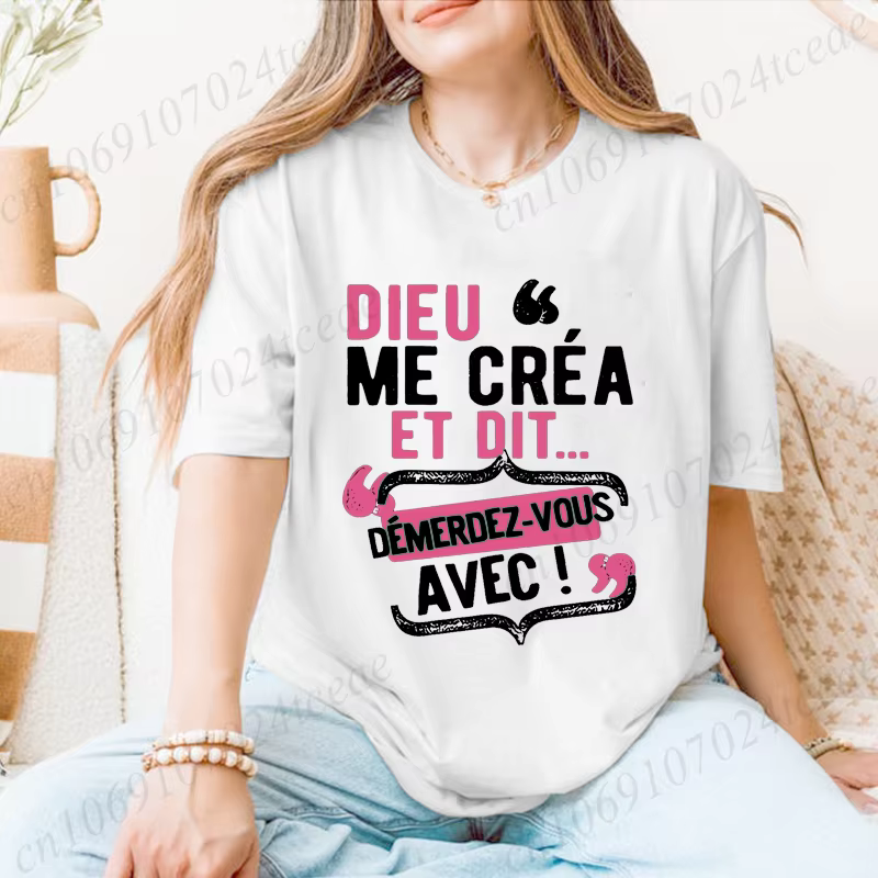 T-shirts pour femmes T-shirt décontracté à col rond avec citation française "Dieu Me C'est Mon Saint" - Haut à manches courtes avec lettres ludiques imprimées