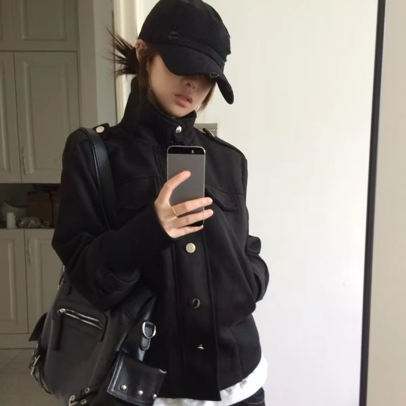 Veste à manches longues style vintage américain, col montant, manteau moulant automne-hiver, streetwear rétro Y2K, manteau uni polyvalent pour femme 2026