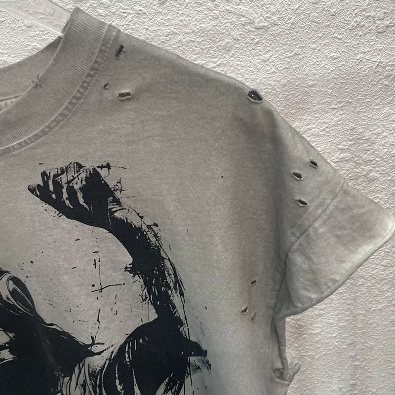 High Street sale endommagé trou dieu est un DJ débardeurs hommes femmes surdimensionné Saint manches-coupées T-Shirt