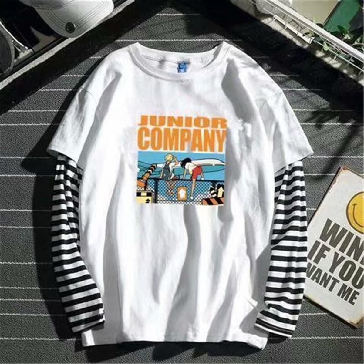 Cool rayé Patchwork T-Shirt hommes automne surdimensionné hauts garçons solide à manches longues