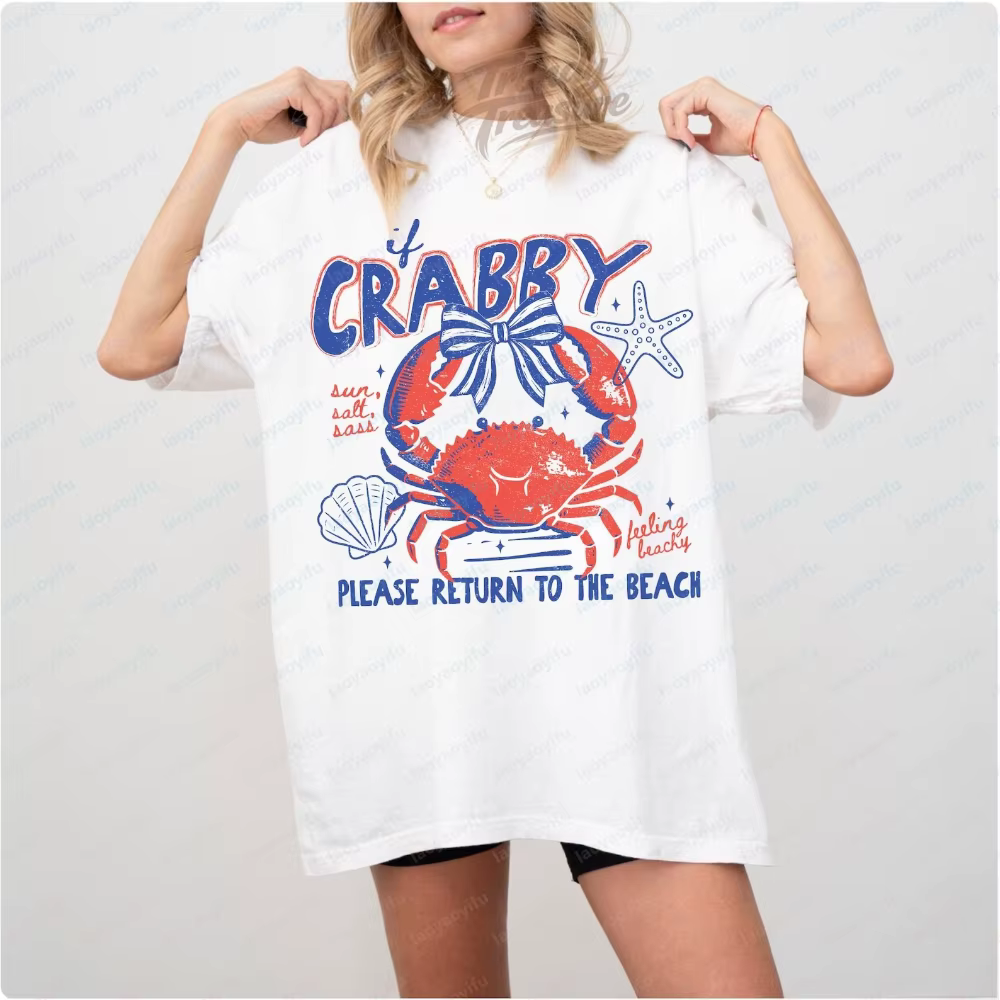 T-shirt Crab Beach, humoristique, pour les vacances en bord de mer, vêtements d'été sur le thème de la vie marine, vêtements pour femmes, t-shirts graphiques, t-shirts oversize, hauts