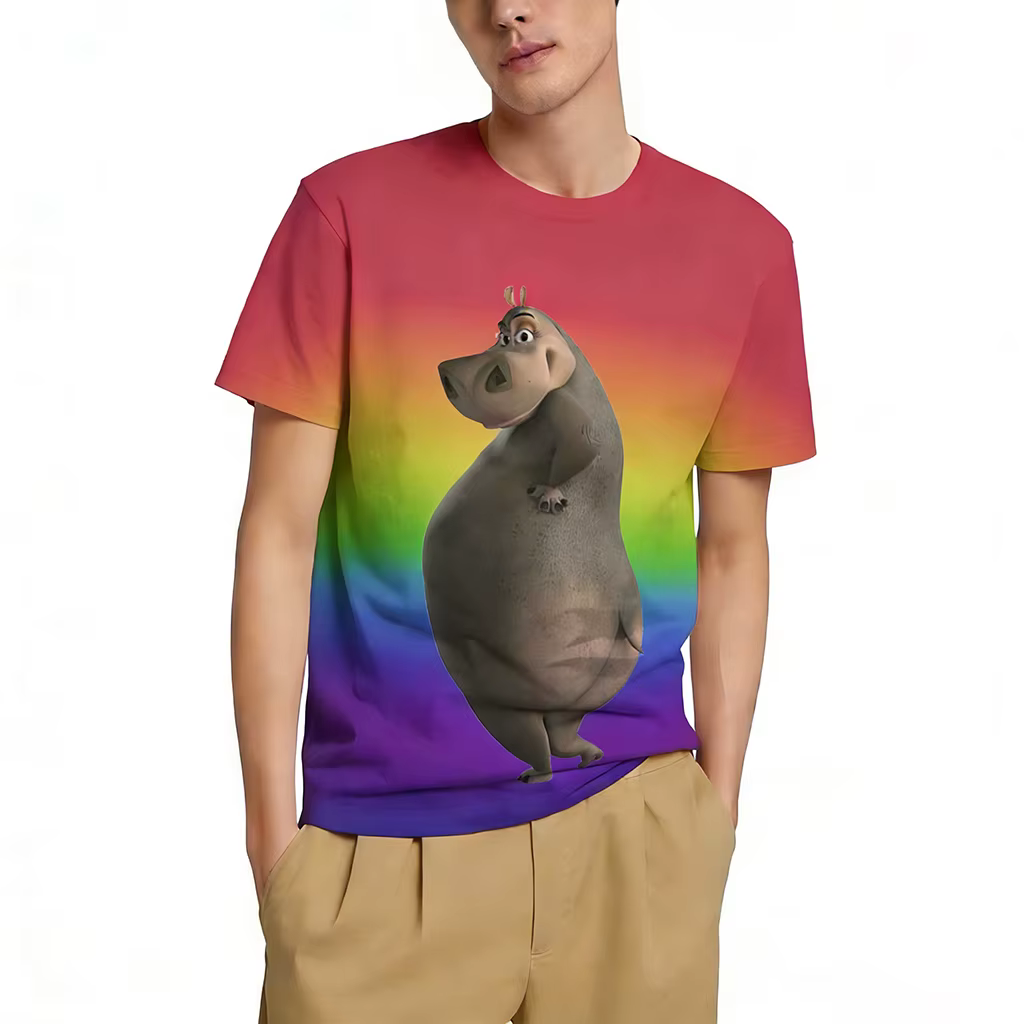 T-shirt à imprimé graphique hippopotame de dessin animé, personnalité animale, mode masculine, décontracté, drôle, impression 3D, streetwear, basique, col rond, manches courtes