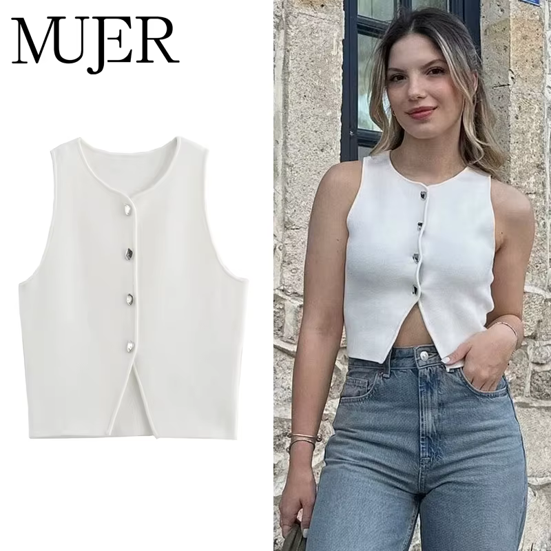 MUJER blanc tricot haut court femmes bouton hauts courts femme 2025 été réservoirs Camis