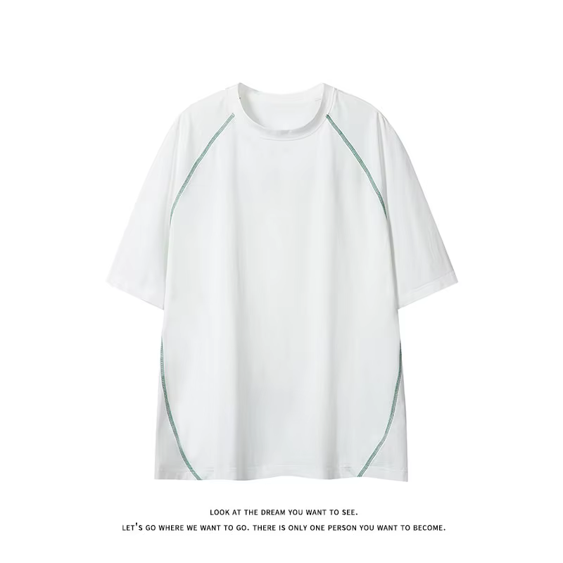 T-shirt homme été tendance ample style vintage américain manches courtes col rond polyvalent couple contrastant surpiqué