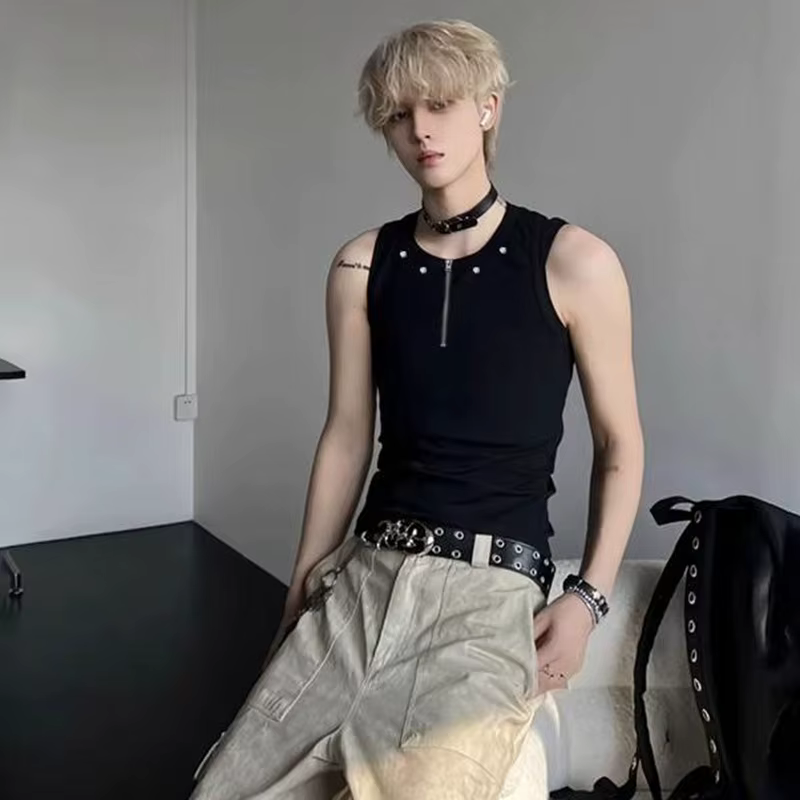 LUZHEN fermeture éclair Rivet métal décorer couleur unie vêtements de rue hommes 2025 été mince sans manches T-shirts à la mode débardeurs JY2794
