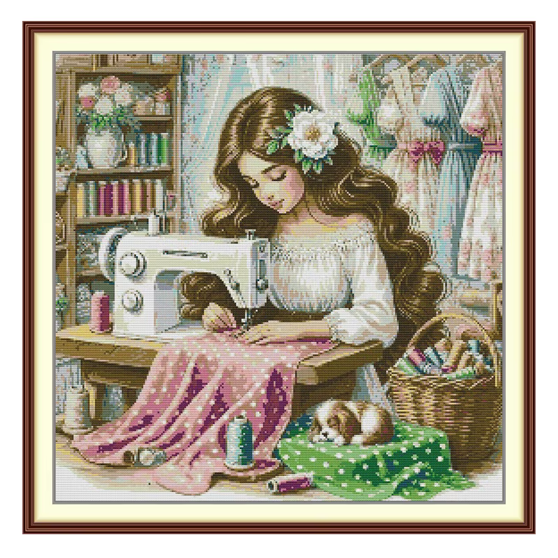 Kit de Broderie Point de Croix Pré-imprimé The Sewing Girl – Motifs Comptés DIY 11CT 14CT 16CT HD DMC – Kit
