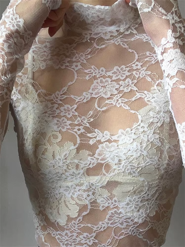 T-shirt à manches longues en dentelle florale pour femmes