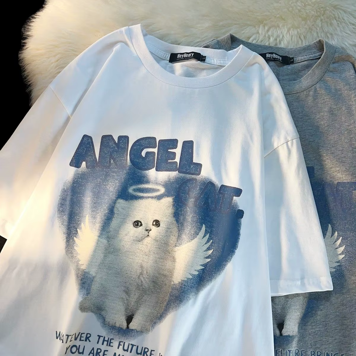 T-shirt imprimé chat ange mignon pour hommes et femmes pur coton mode d'été tendance décontracté confortable Couple haut à manches courtes Harajuku