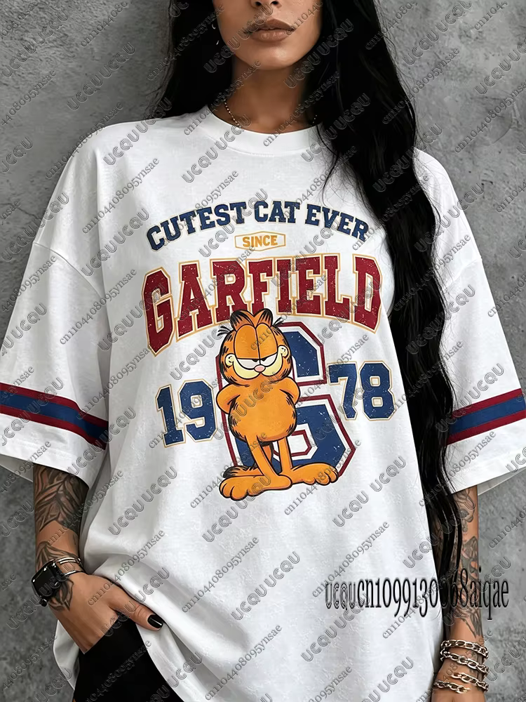 T-shirt d'été à motif de dessin animé Garfield pour femmes