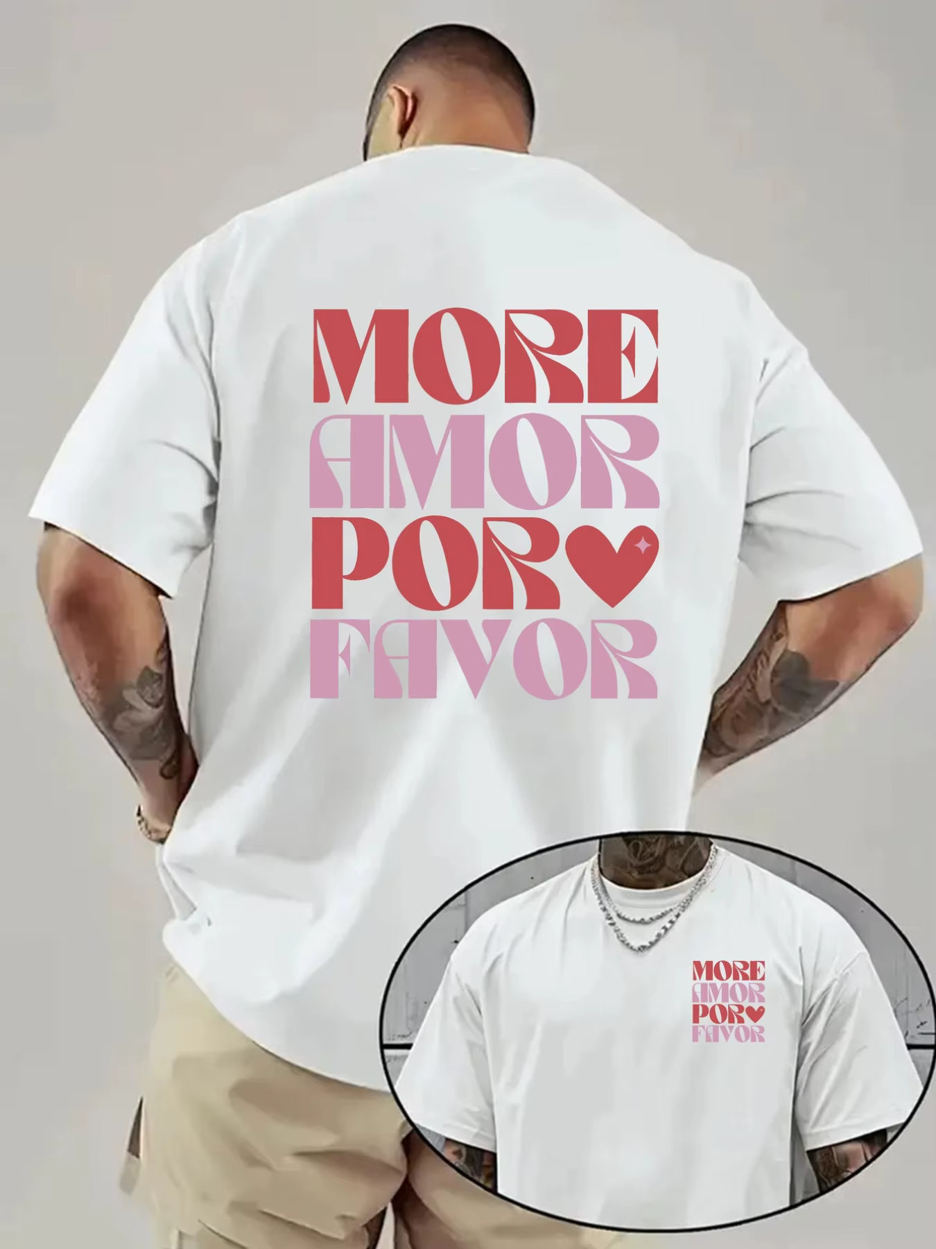 T-shirt pour homme en coton 100% doux de qualité supérieure avec impression de citation d'amour « More Amor Por Favor »