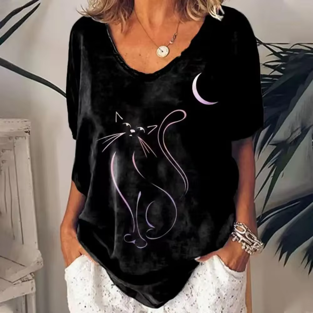 T-shirt femme dessin animé chat imprimé été à manches courtes col en v Kawaii mode