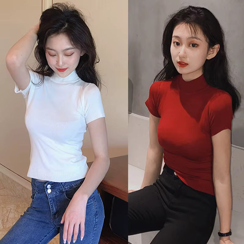 Demi col roulé mince tricoté T-shirt femmes élégant solide à manches courtes décontracté polyvalent printemps hauts