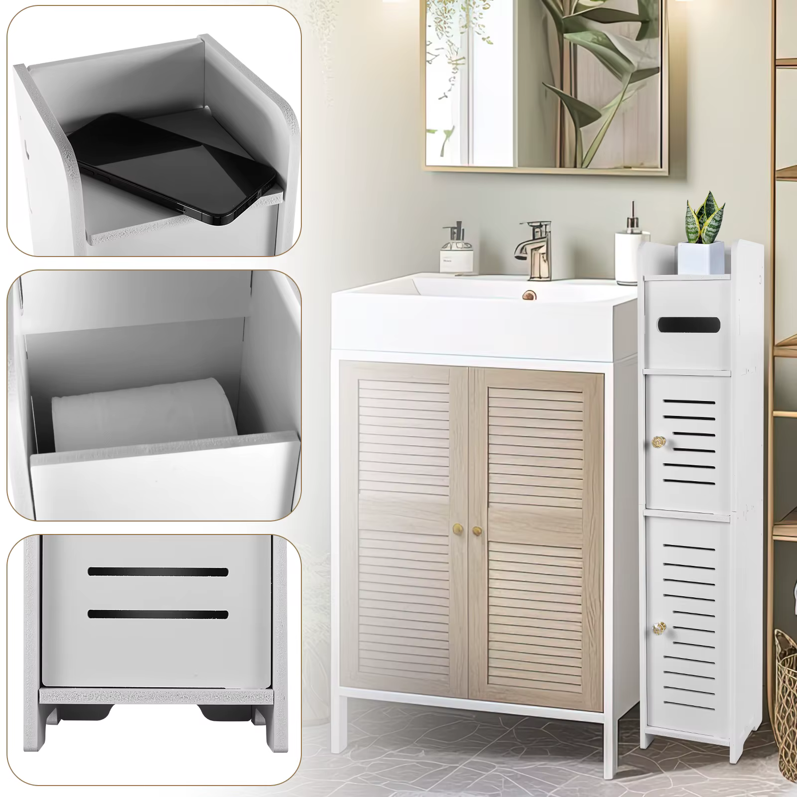 Armoire de rangement pour salle de bain, armoire de sol à 3 niveaux, organisateur avec porte, porte-rouleau de papier toilette autoportant, armoire de rangement pour toilettes étroite