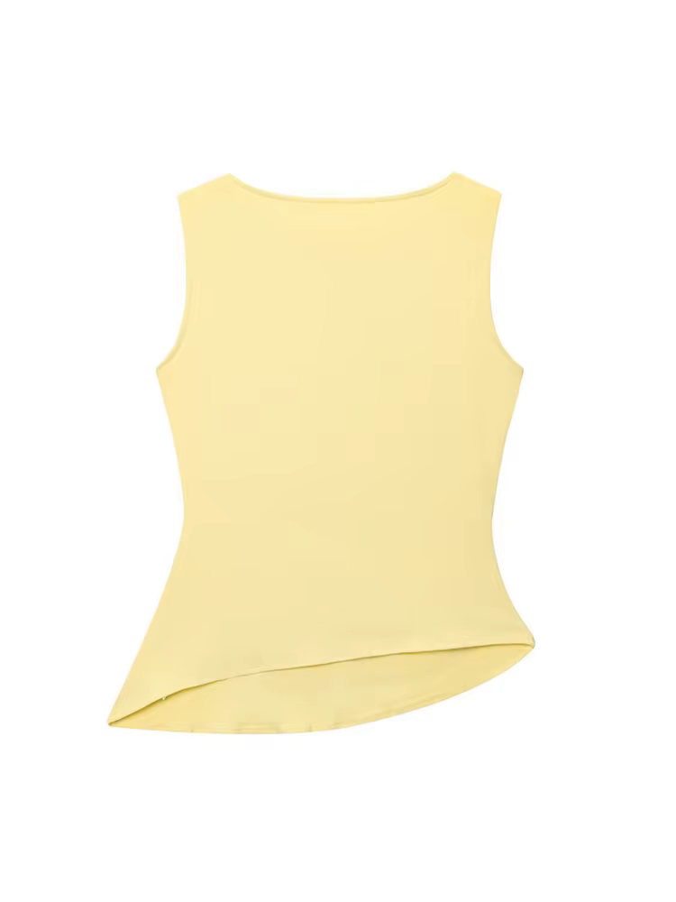 Débardeur asymétrique froncé jaune sans manches pour femme – Tendance décontractée pour la plage et l'été