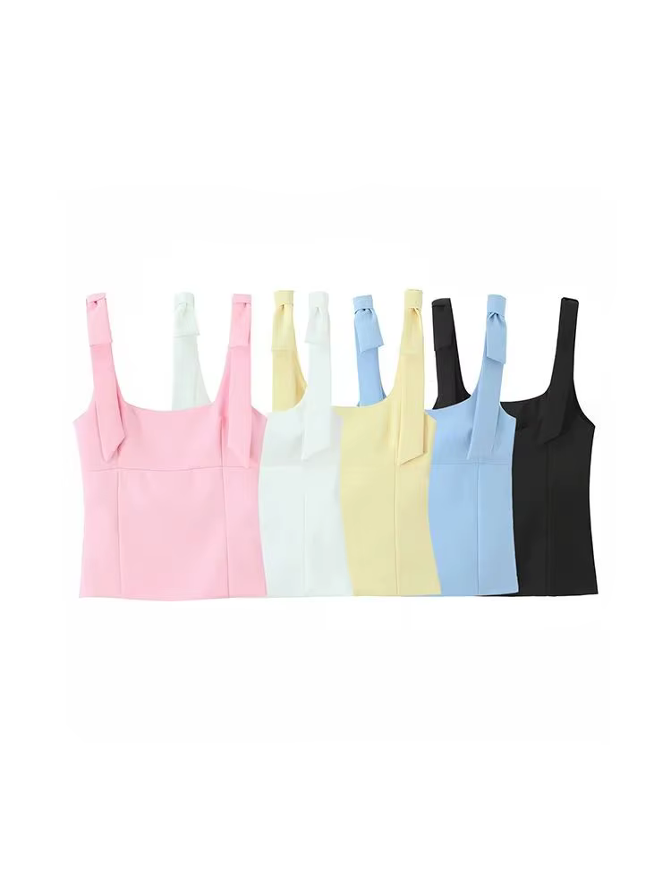 Femmes mode bretelles avec nœud ajusté débardeur col carré côté fermeture éclair femme Camis Mujer
