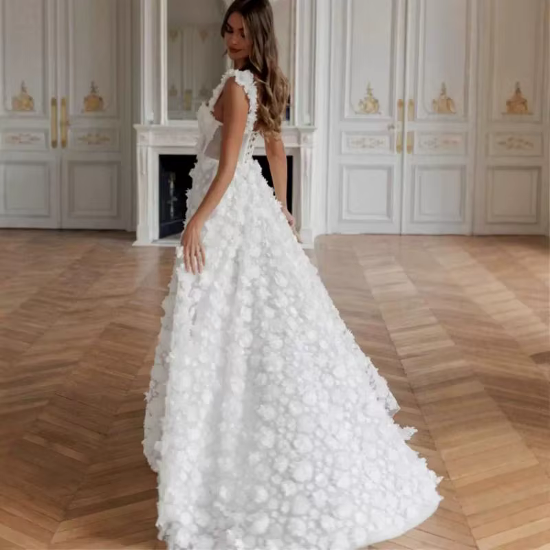 Robe de mariée légère à bretelles, haut de gamme, élégante, traînante, fleur tridimensionnelle, fente haute, personnalisée