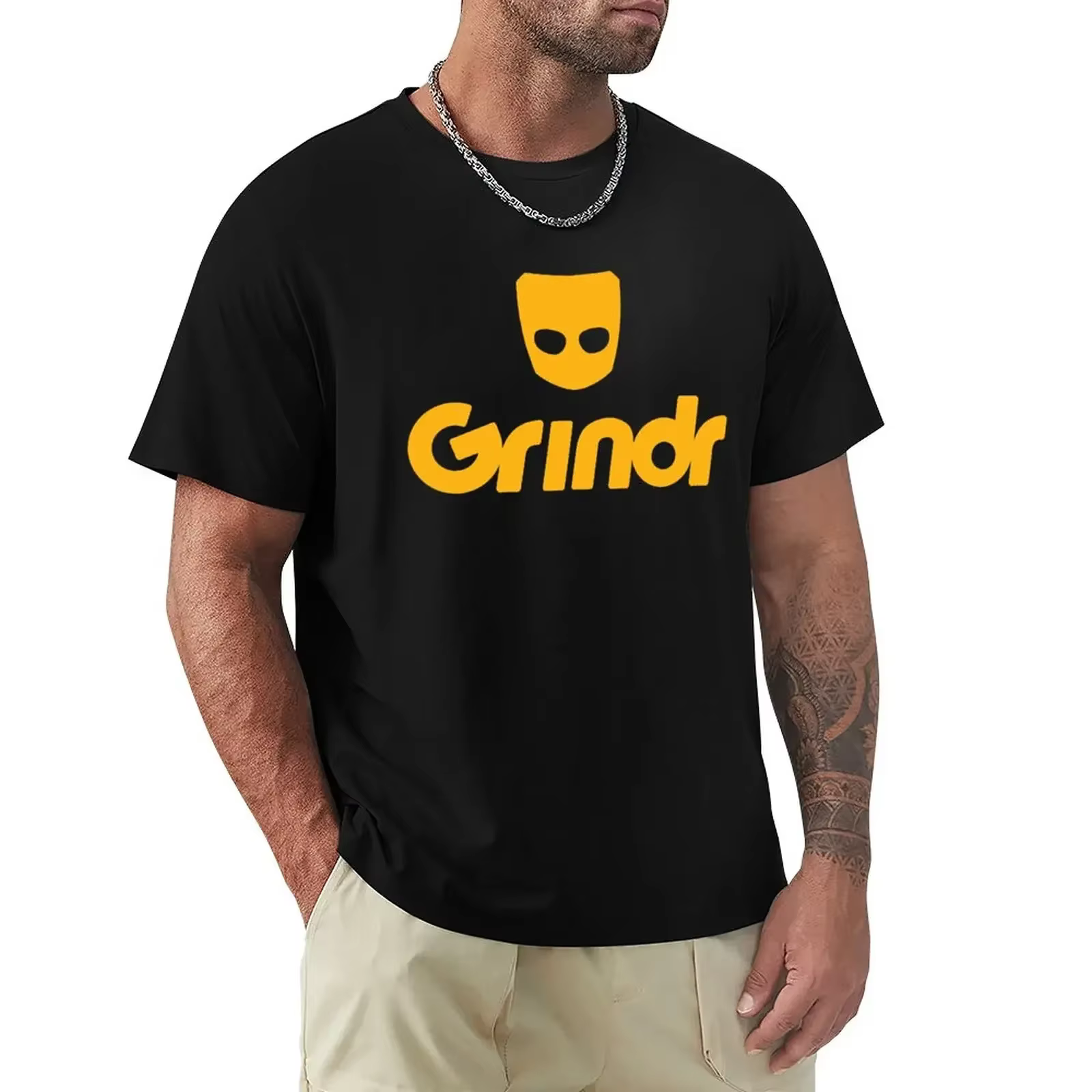 Logo-Grindr-T-shirt classique en coton pour homme, haut graphique