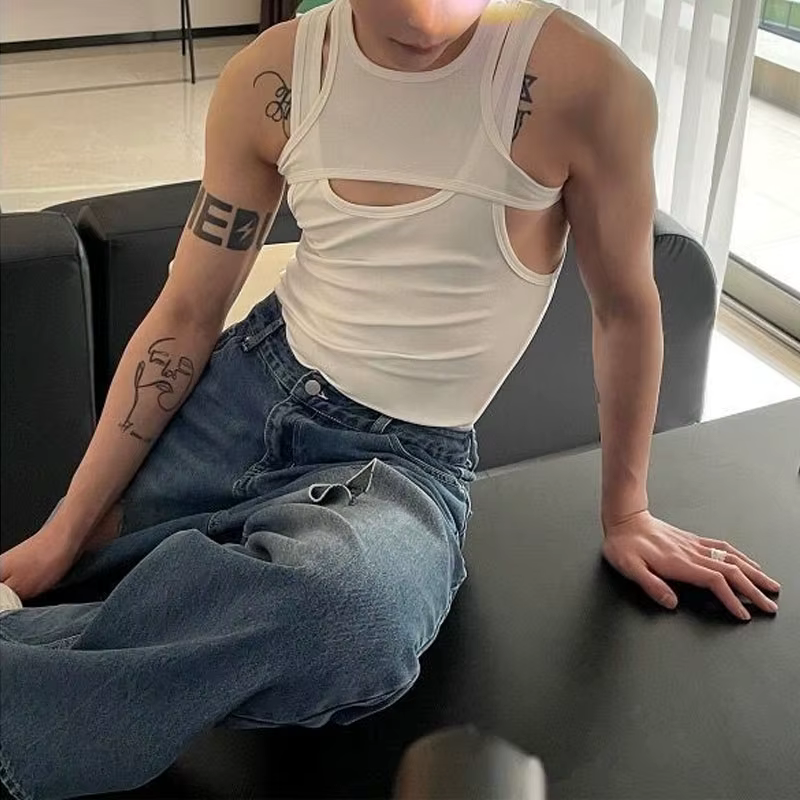 Style américain nouveaux hauts Sexy creux faux deux pièces vêtements pour hommes été évider mode mince musculation débardeurs