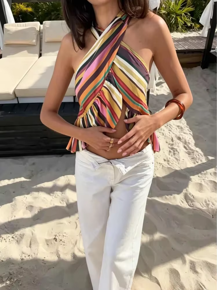 Haut court licou rayé pour femme