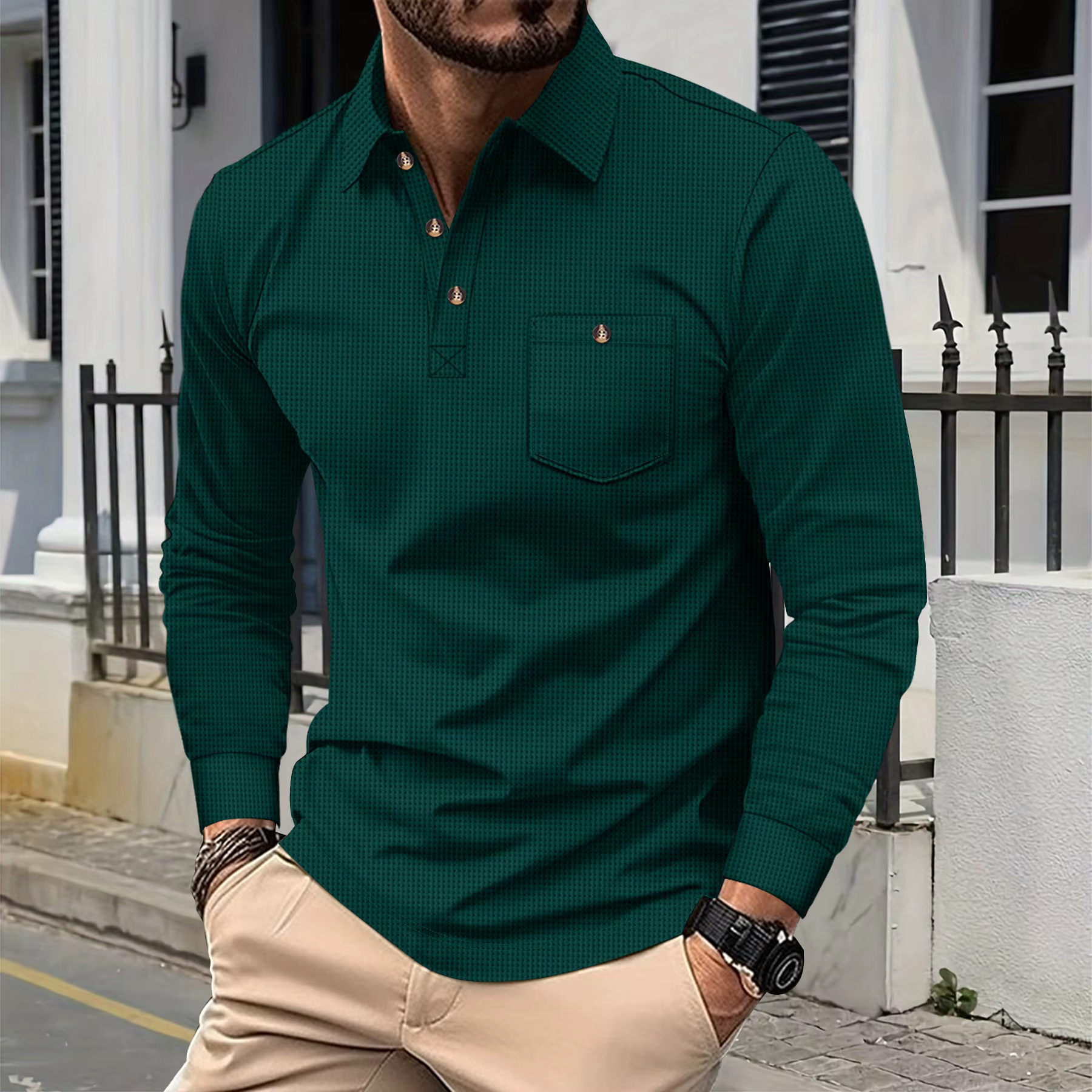 Polo Henley en tricot gaufré pour homme - T-shirt décontracté à manches longues avec col rabattu et poche poitrine boutonnée