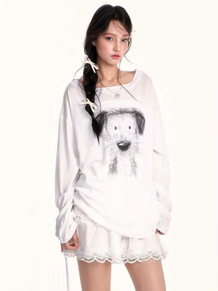 Style américain t-shirts femmes croquis imprimé à manches longues T-shirt 2025 été mince légèrement Transparent crème solaire couverture haut