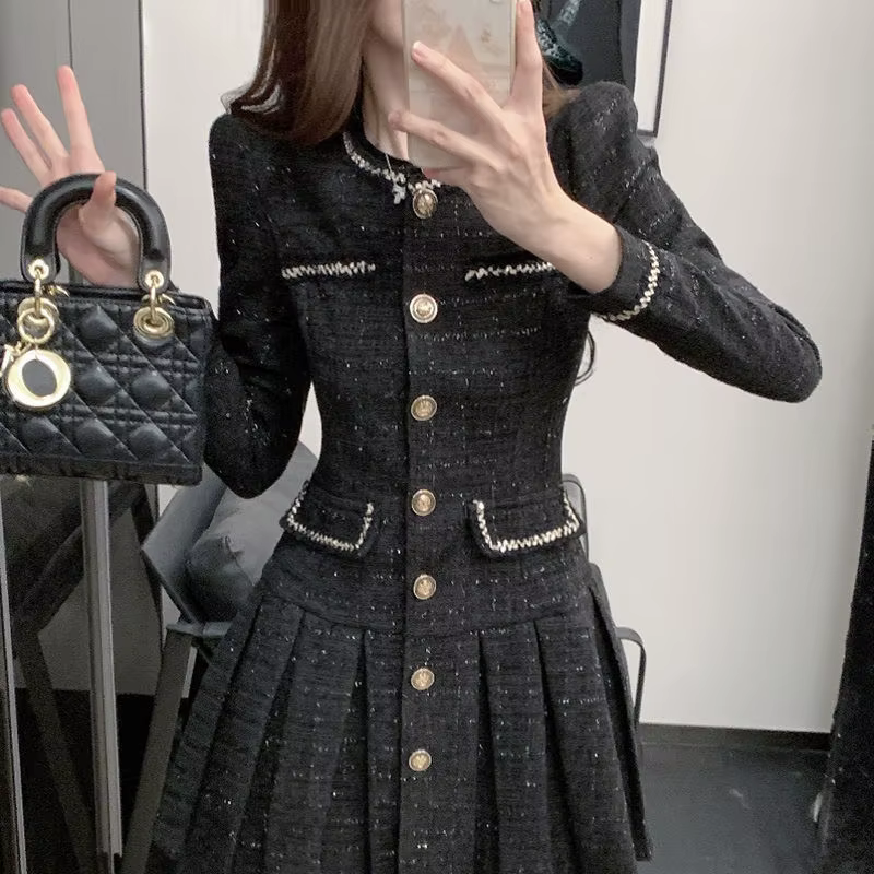 Robe noire élégante de Style Tweed français pour femmes, nouvelle collection printemps automne 2026, amincissante, ajustée à la taille, Chic, Socialite