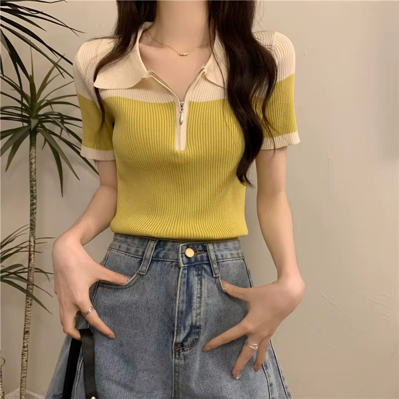 T-shirt rétro à manches courtes et col Polo pour femme