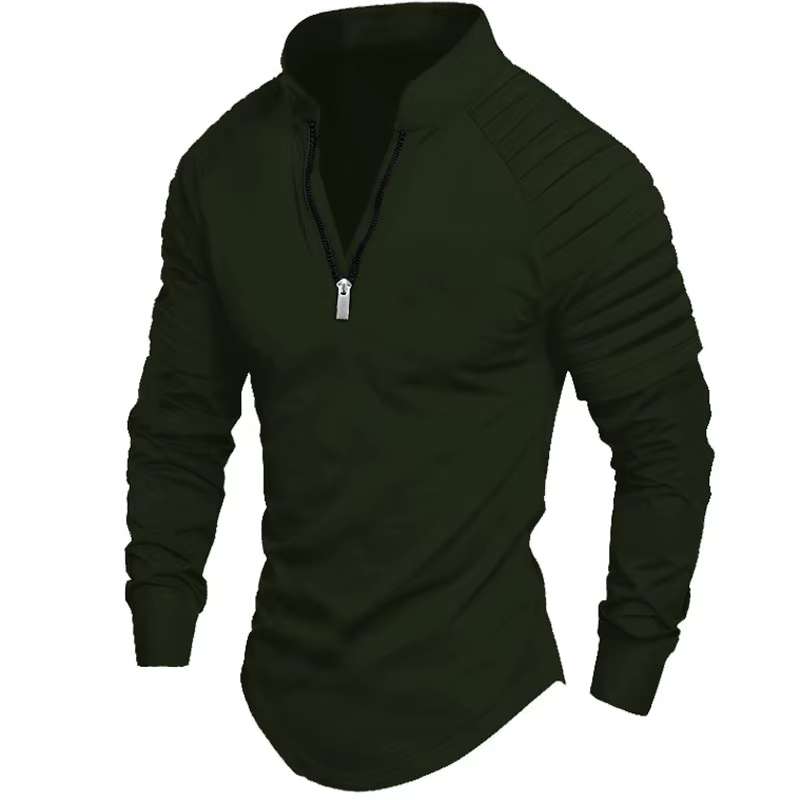 2025 printemps automne hommes Polo mode bras plissé conception à manches longues col montant fermeture éclair haut
