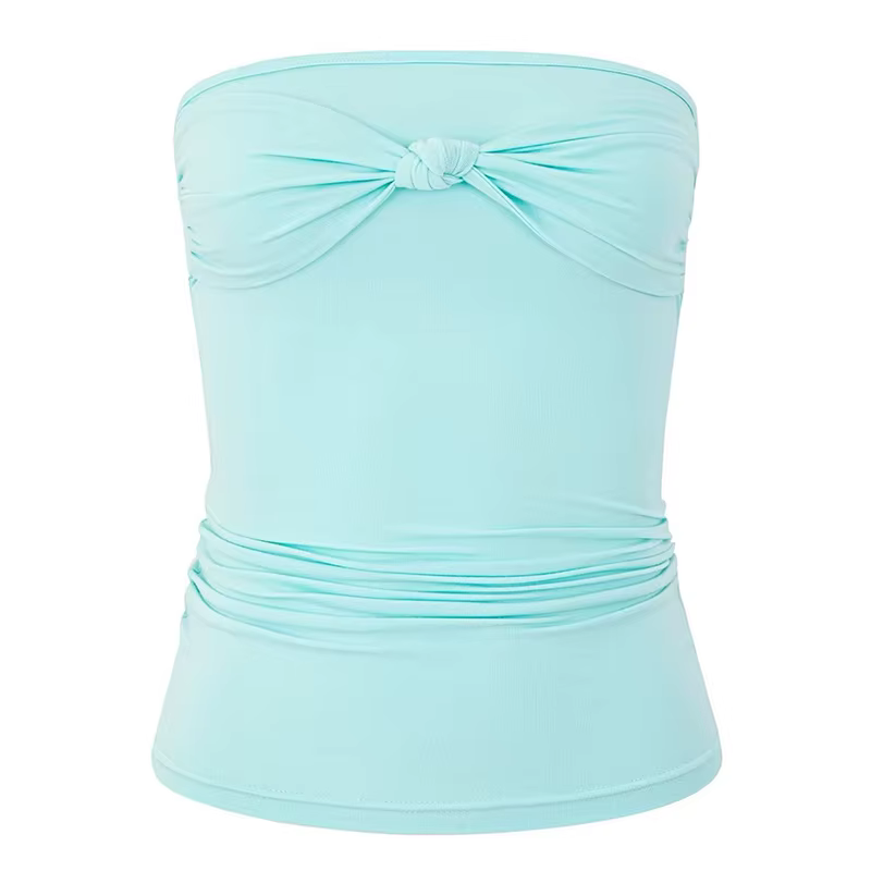 Débardeur Femme Y2K Sexy Coquette, Couleur Unie, Coupe Ajustée, Sans Bretelles, Froncé avec Nœud sur le Devant, Extensible, Décontracté, pour l'Été, la Plage et les Vacances