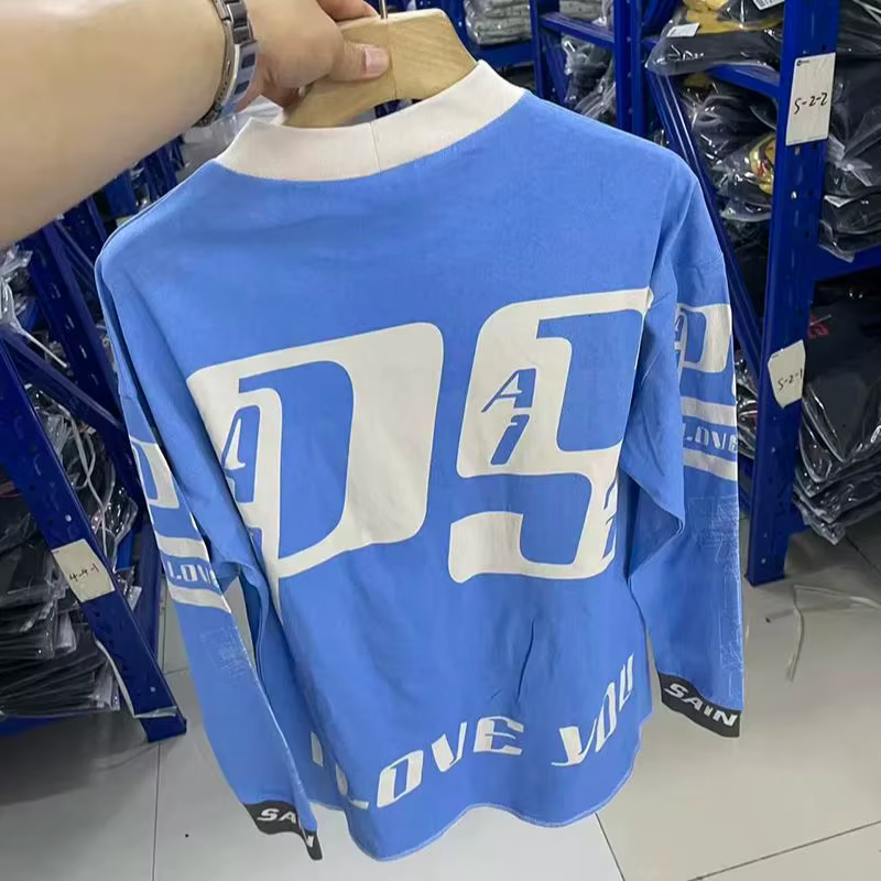 Nouveau Streetwear SAINT T-shirt à manches longues hommes femme bleu lavé surdimensionné décontracté Hip Hop col rond Style de course haut