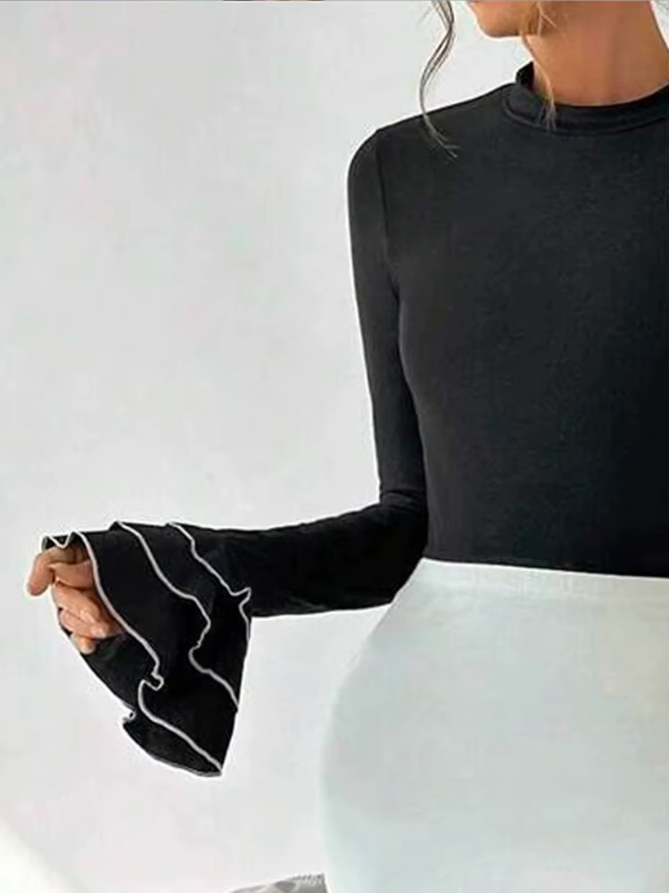 Bonboho T-shirt moulant noir uni pour femmes col rond manches longues à volants chemises élégantes 2025 chemisier de mode d'automne