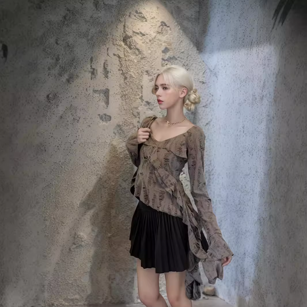 Nouveau T-Shirt à manches longues femmes automne américain Vintage en détresse conception Unique hauts