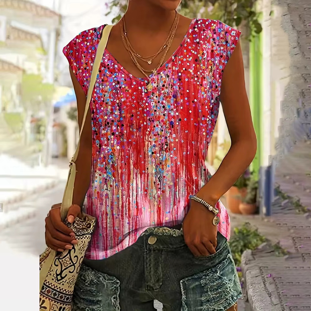T-shirt à col en V imprimé floral 3D pour femmes