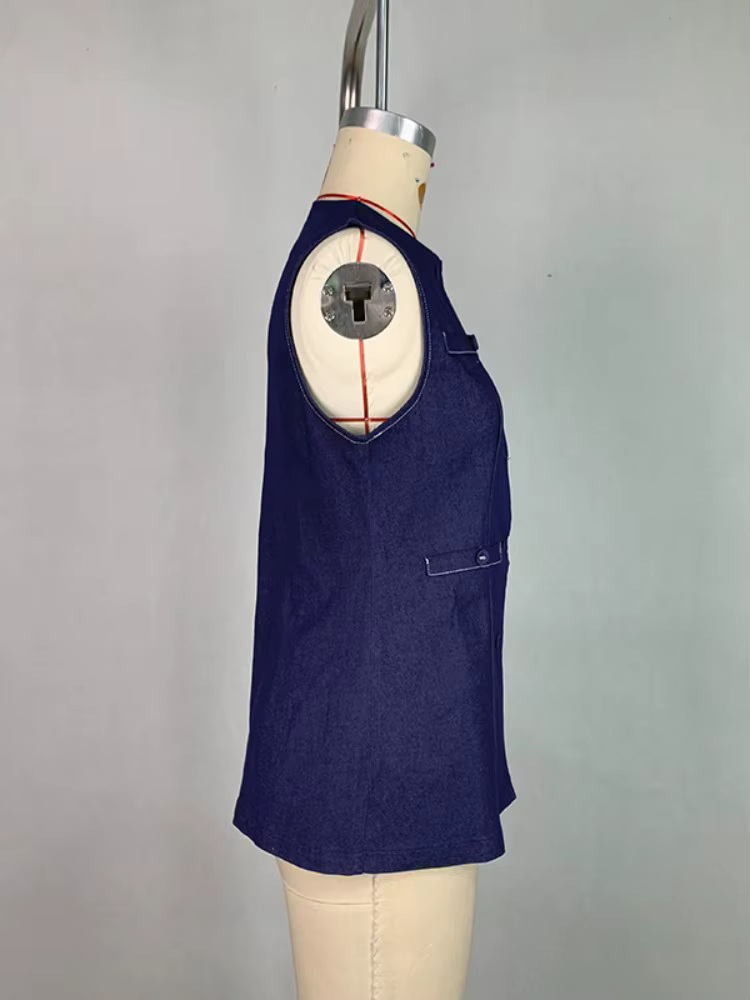 Krisstarsgirl 2025 nouveau chemisier en jean hauts pour femme été bleu élégant boutonné avec poches dessus de chemise