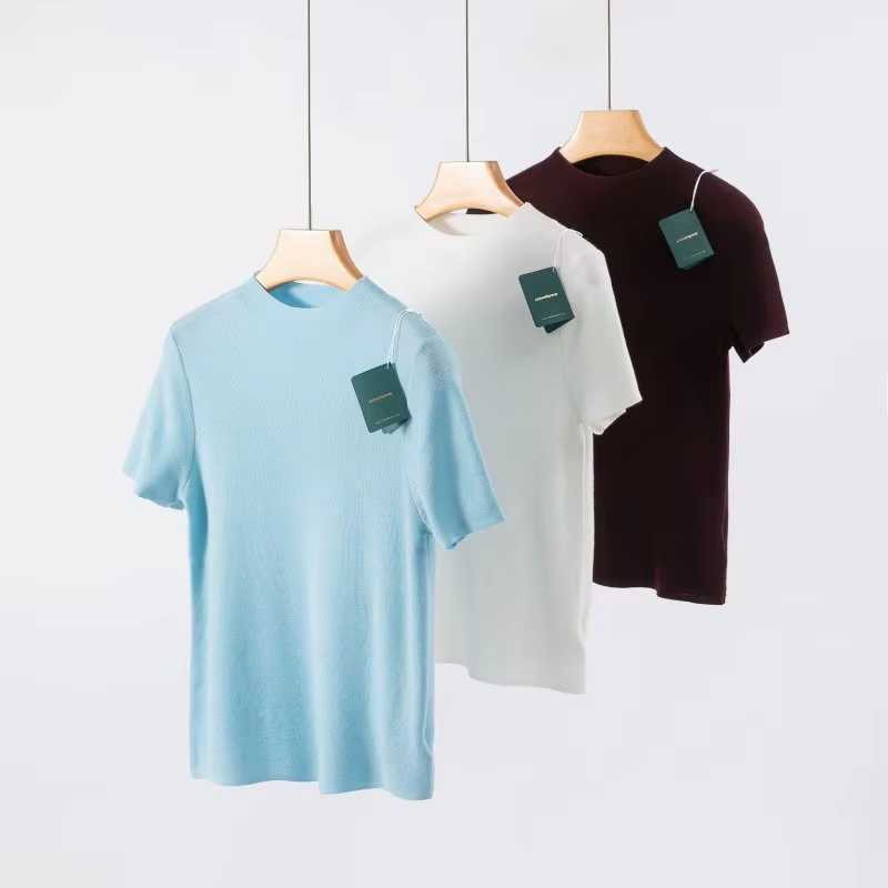 T-shirt en laine mérinos superfine 100% filé fin Yangtze allemand 120's, col semi-montant, tricoté à manches courtes, couche de base, coupe ajustée pour femme, pull fin tendance pour le quotidien
