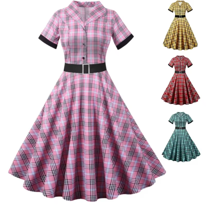 Robe rétro à carreaux, coupe cintrée