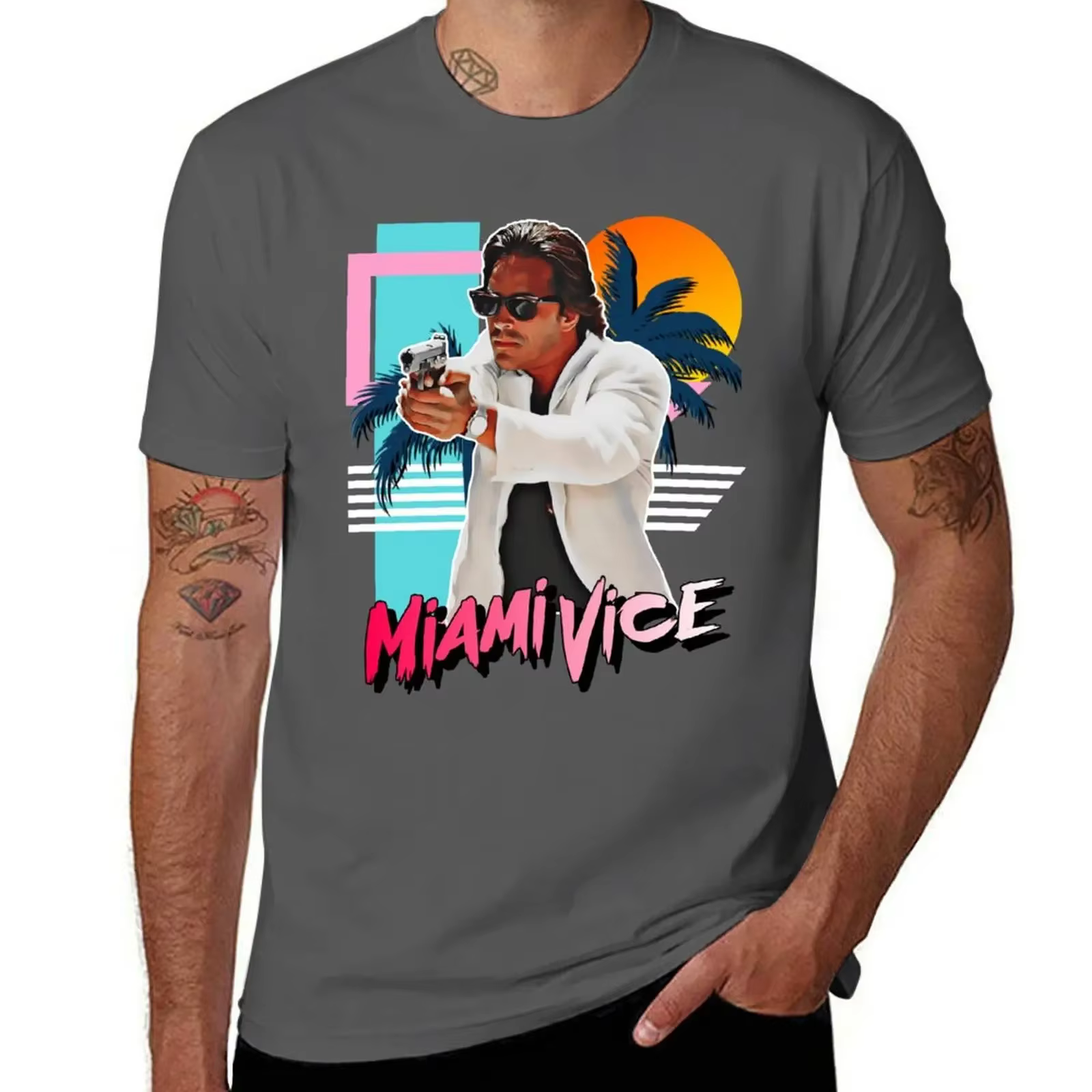 T-shirt Rétro Miami Vice Années 80 Hommage à Sonny Crockett – Haut d'été à Manches Courtes pour Homme