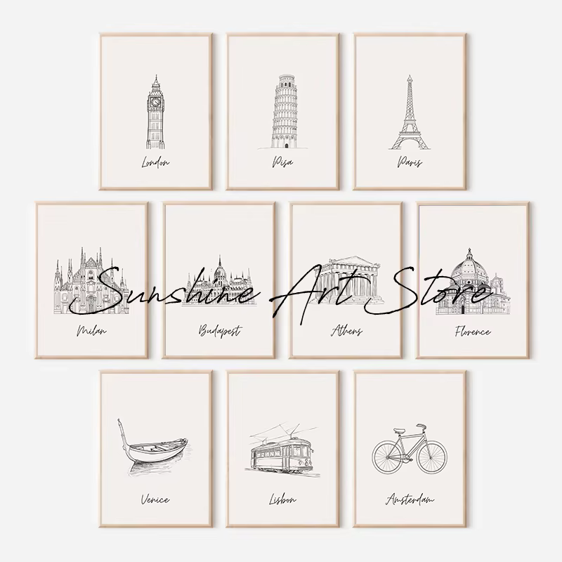 Affiche d'art au trait minimal de villes européennes