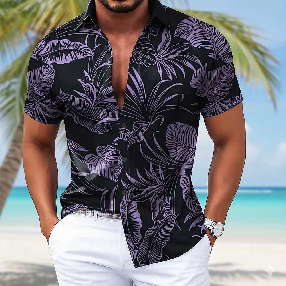 Chemise hawaïenne tropicale à motif feuilles de palmier pour homme