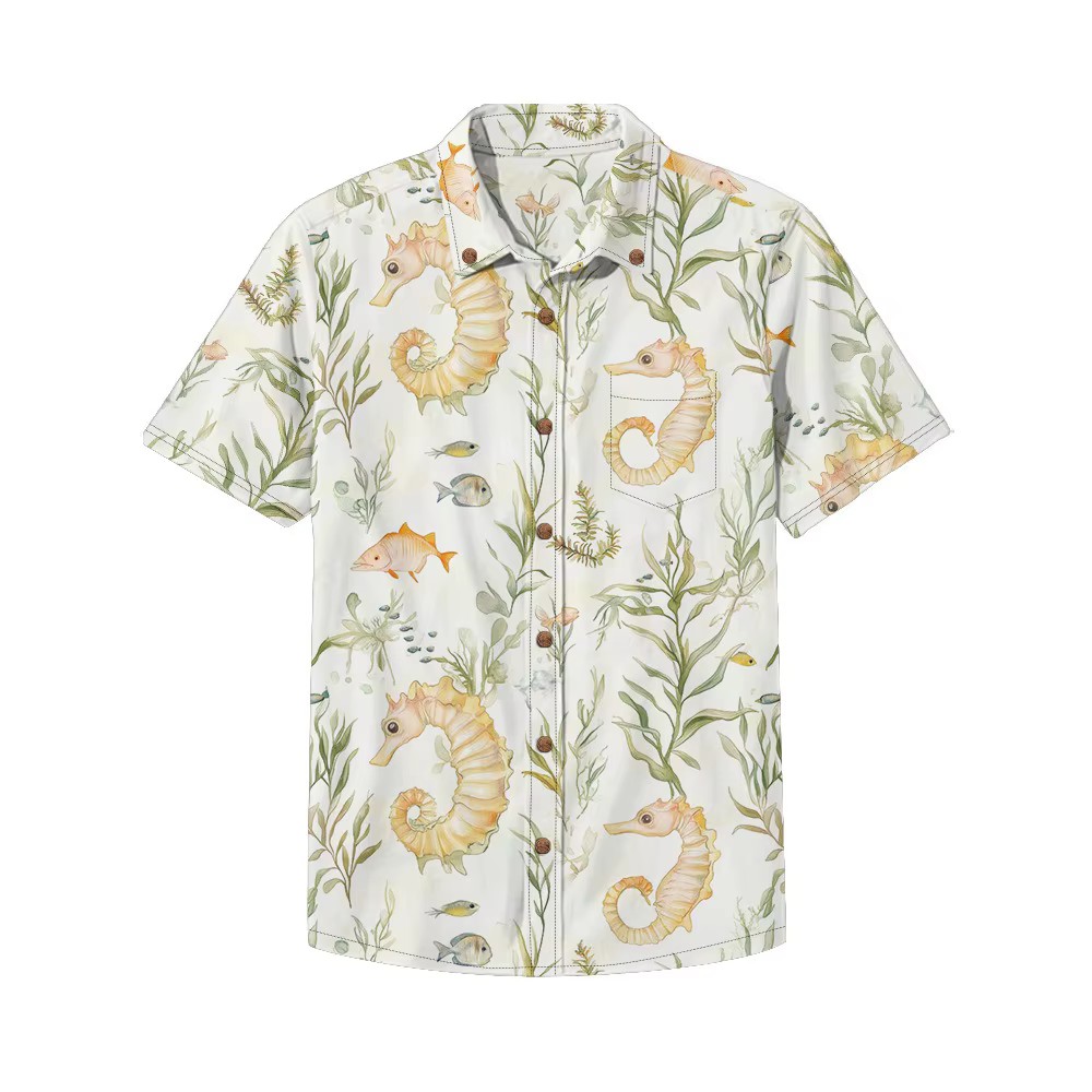 Chemise hawaïenne Aloha vibrante hippocampe et corail pour hommes