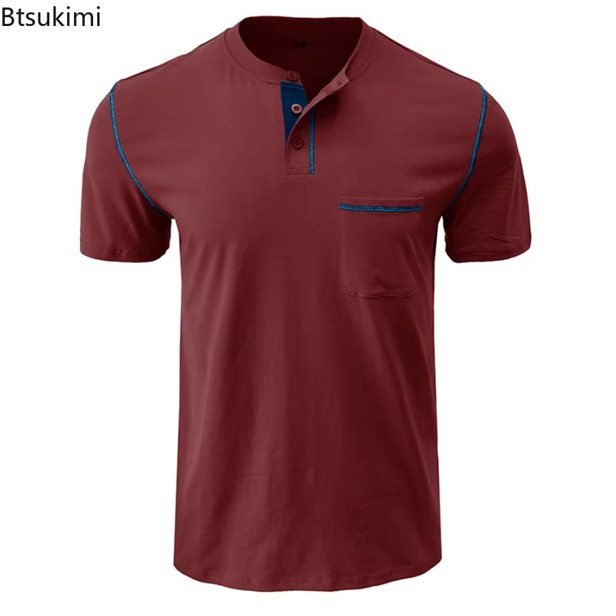 Nouveau Polo de Golf Homme à Col Henry Manches Courtes – T-shirt Décontracté d'Été Respirant avec Poche