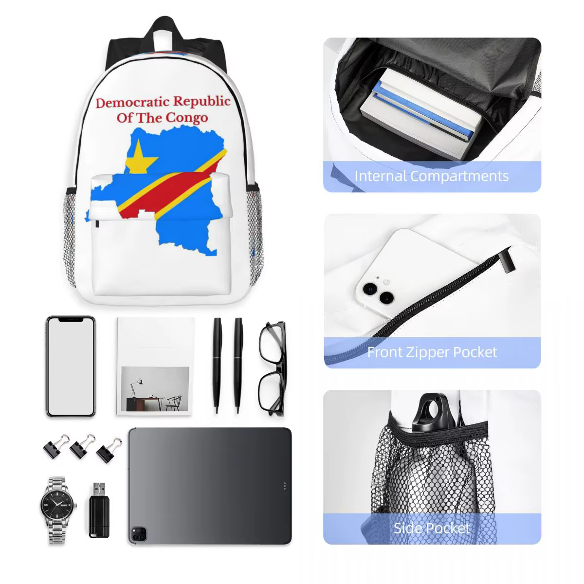 République démocratique du Congo drapeau carte sac à dos étudiant garçon fille BookBag enfants sac d'école ordinateur sacs à bandoulière pour hommes femmes