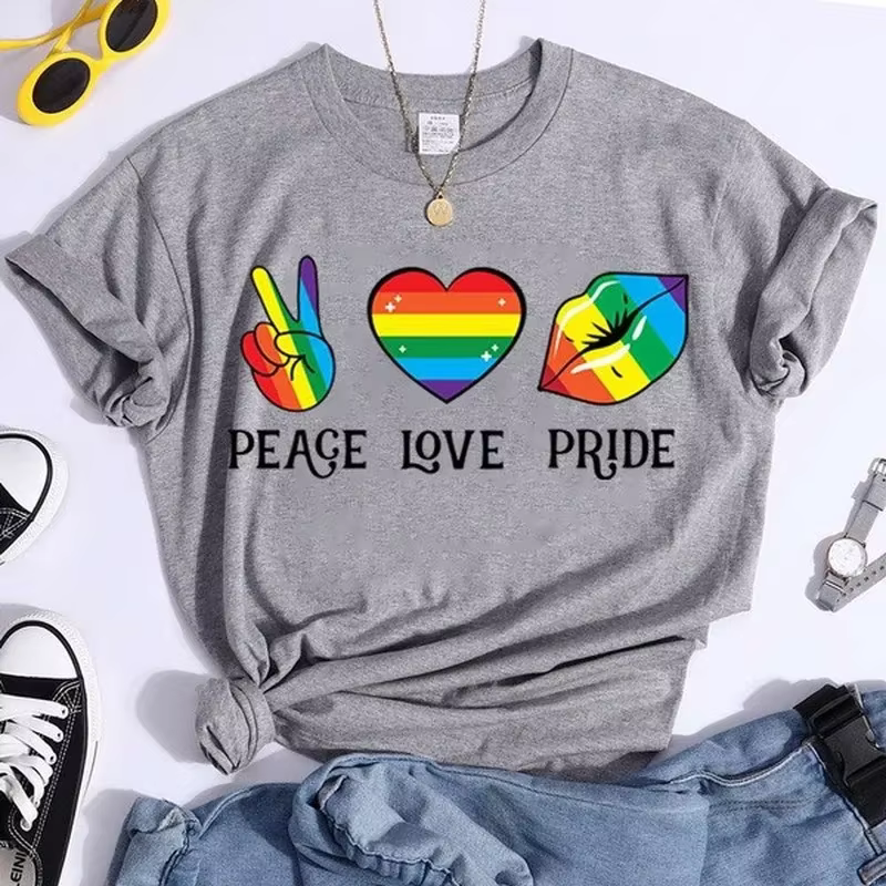 T-shirt manches courtes col rond femme, Peace Love Pride, coloré, imprimé