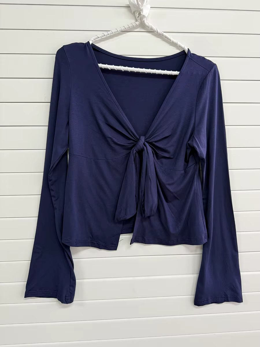 T-shirts Smock à Nœud Papillon et Bretelles pour Femme, Coupe Slim Simple, Manches Longues, Style Chic et Doux, T-shirts Babydoll