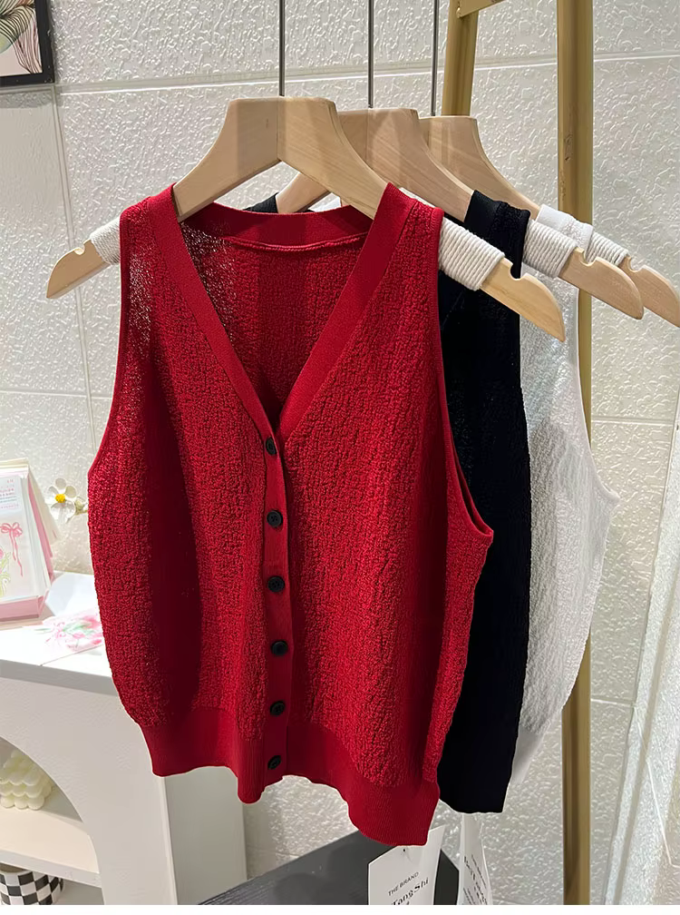 Pull gilet pour femmes doux tricoté bouton avant col en v sans manches Blouse femme décontracté français Chic tenue à la mode
