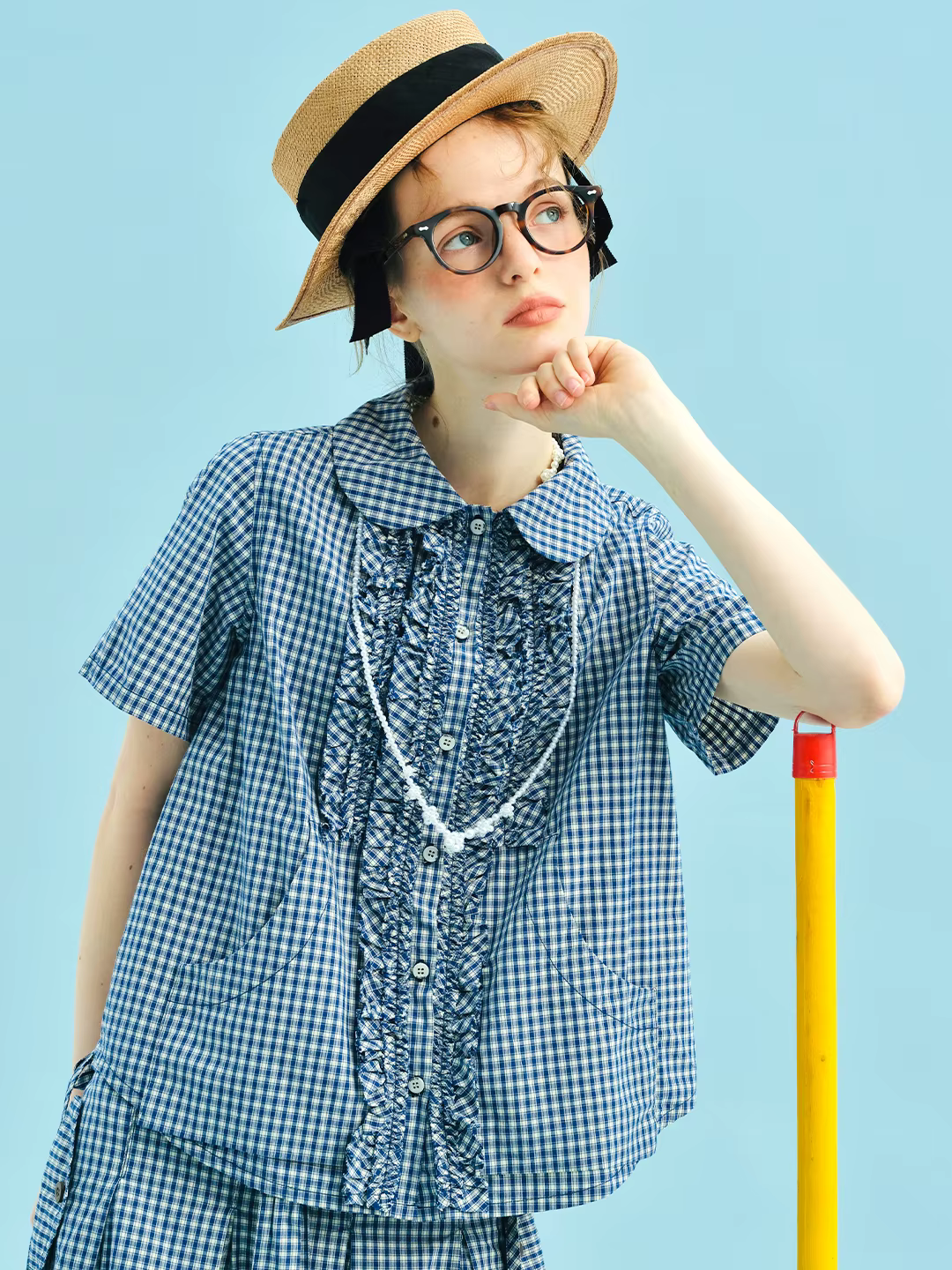 Chemise à carreaux bleue 2025 imakokoni style d'été pur coton lavé col de poupée dentelle manches courtes femmes 255011