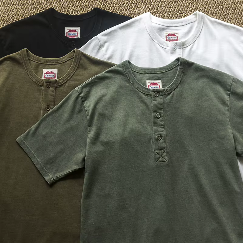 Amekaji élégant Vintage Americana Henley t-shirt-260gsm coton lavé chemise à manches courtes été en détresse Style décontracté