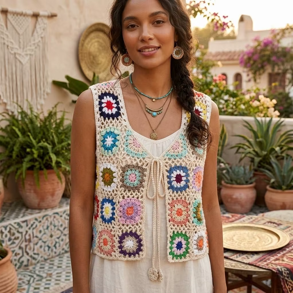 Haut court en maille pour femmes, style Boho, reines, Hippie, arc-en-ciel, ajouré, sans manches, avec pompon, à volants