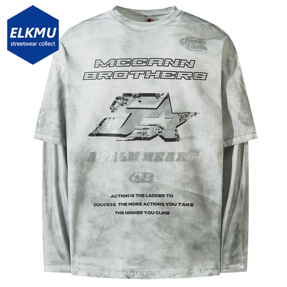 Harajuku Vintage surdimensionné T-shirts hommes Streetwear Hip Hop à manches longues