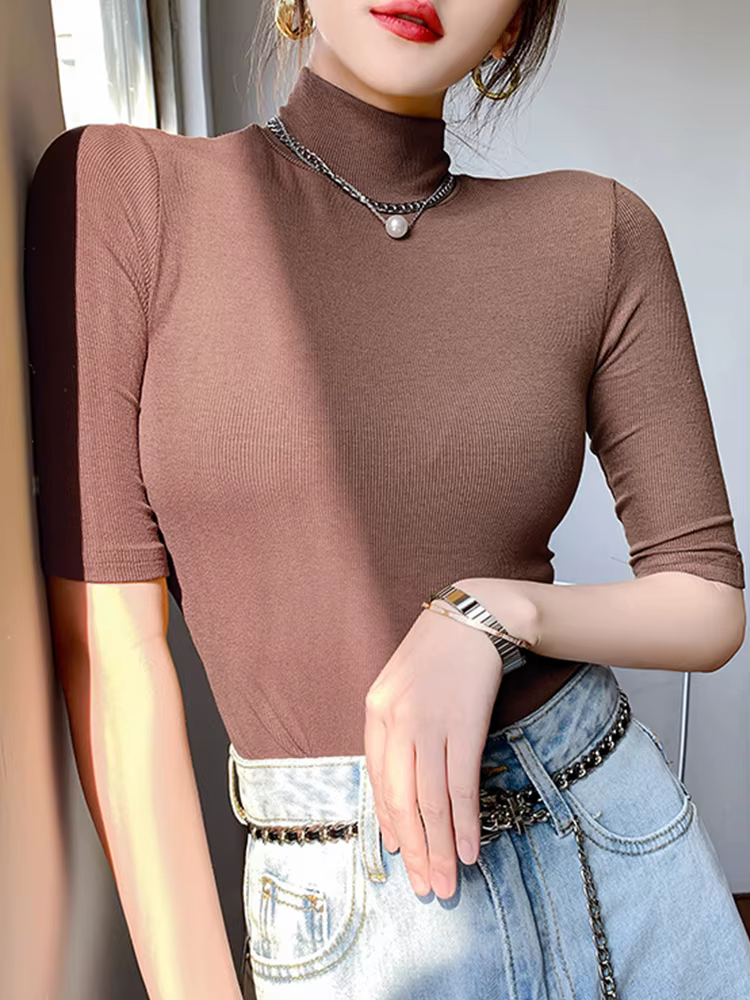 T-shirt col roulé manches courtes femme